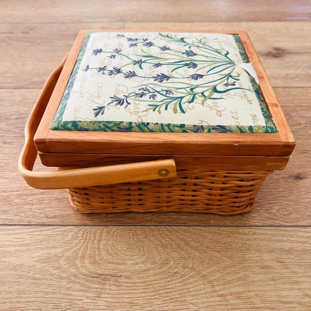 Vintage Woven Wicker Sewing Basket Lavender Thyme Botanical Print Wood Trim Box
